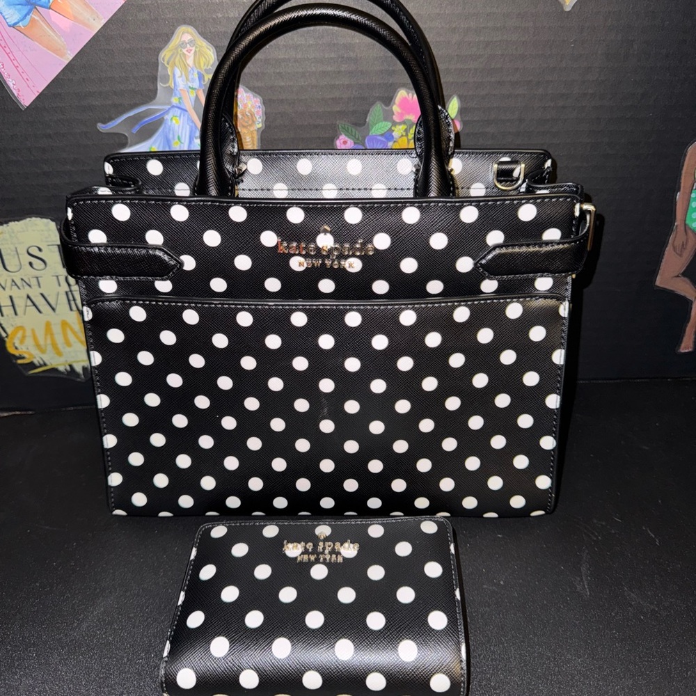 Kate Spade Black and White Polka Dot Women's Bag with matching Wallet